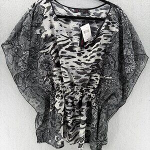 HeartSoul Sheer Print Poncho Top Size 1X Black White Maximalist Flowy‎ Abstract
